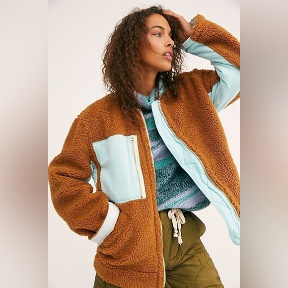 Free People Jacket Rivington Sherpa Oversized Fleece Winter Amber Combo S NWT - Picture 11 of 12